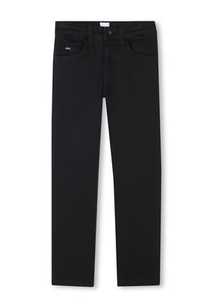 Jean en denim noir avec une coupe droite. Les caractéristiques incluent une fermeture à bouton à l'avant, cinq poches et une taille fine. Texture lisse.