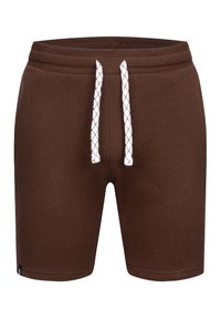 Shorts marron d'une longueur jusqu'aux genoux avec ceinture côtelée et cordon blanc, présentant un motif en diamant noir, fabriqués en tissu doux.