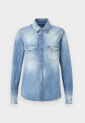 Light blue denim long-sleeve shirt with button-down front, two buttoned chest pockets, and a pointed collar, slightly faded for a worn look.