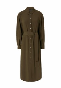 Majica haljina maslinaste boje s dugim rukavima, kopčanje na dugmad i odgovarajući pojas u struku. Glatki materijal s klasičnom kragnom.