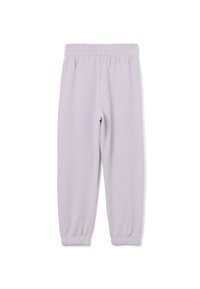 Hellviolette Jogginghose mit elastischem Bund und schmal zulaufenden Beinen, aus weichem Baumwollmischgewebe gefertigt, mit glatter Textur.