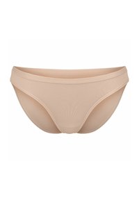 Beige Damen-Bikiniunterhose aus glattem Stoff, mit einem niedrigen Bund, einem weichen Taillenbund und ohne sichtbare Nähte.