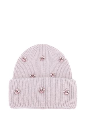 Beanie lavorato a maglia di un delicato rosa chiaro, con un design a costine e arricchito da piccoli accenti simili a gemme a forma di fiore.