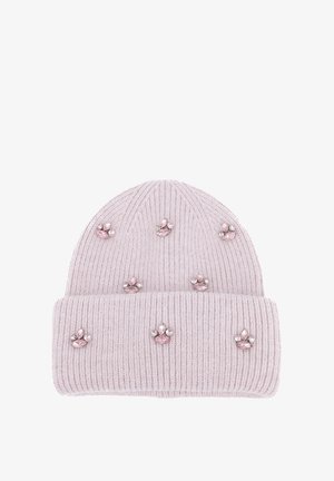 Beanie lavorato a maglia di un delicato rosa chiaro, con un design a costine e arricchito da piccoli accenti simili a gemme a forma di fiore.