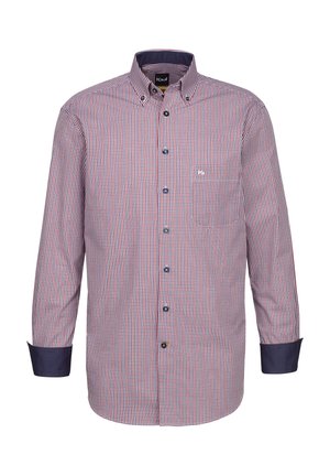 Camicia a maniche lunghe a quadri rossi e blu navy con colletto a bottoni, polsini blu navy a contrasto e un piccolo logo sul petto.