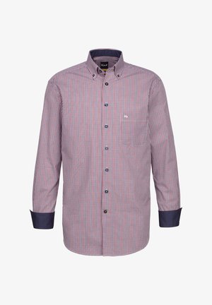 Camicia a maniche lunghe a quadri rossi e blu navy con colletto a bottoni, polsini blu navy a contrasto e un piccolo logo sul petto.
