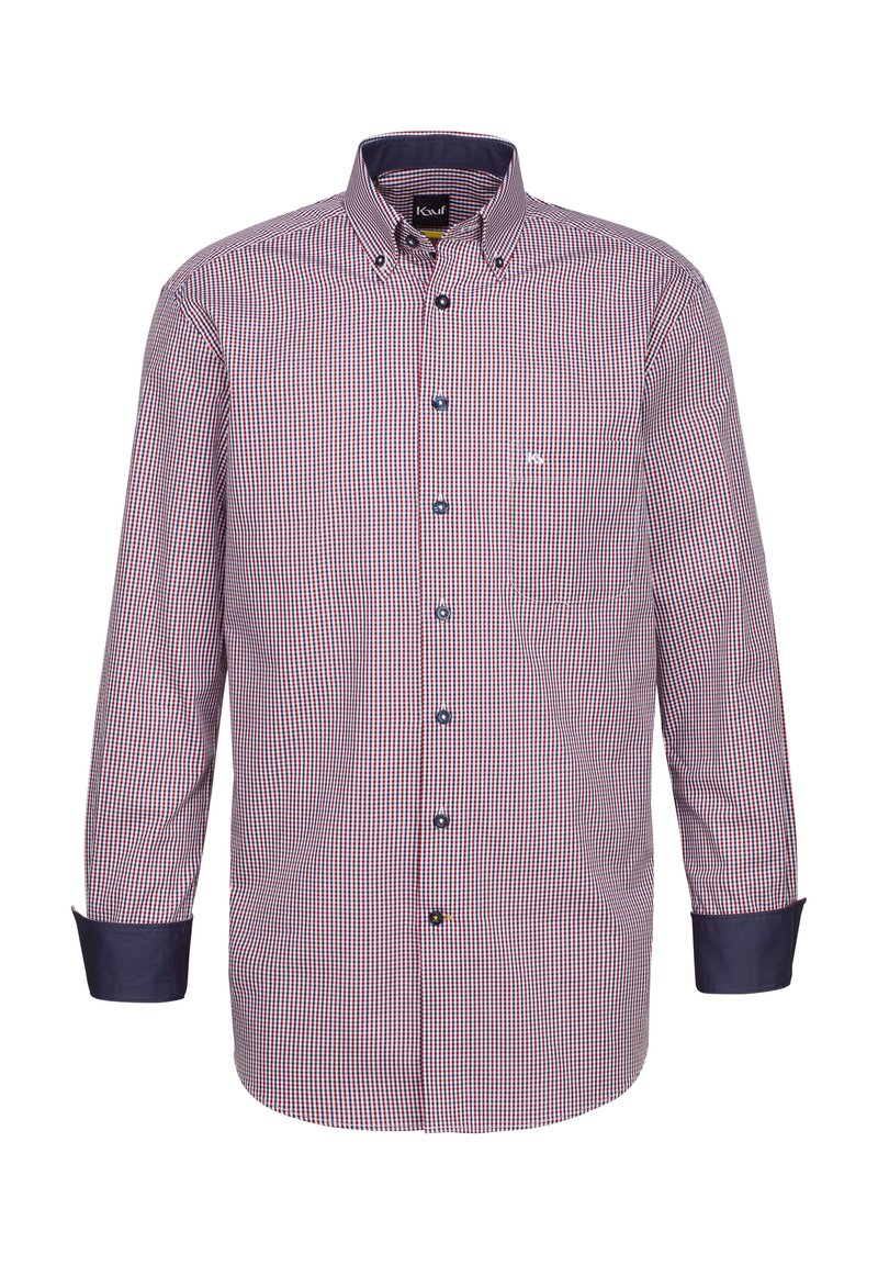 Camicia a maniche lunghe a quadri rossi e blu navy con colletto a bottoni, polsini blu navy a contrasto e un piccolo logo sul petto.