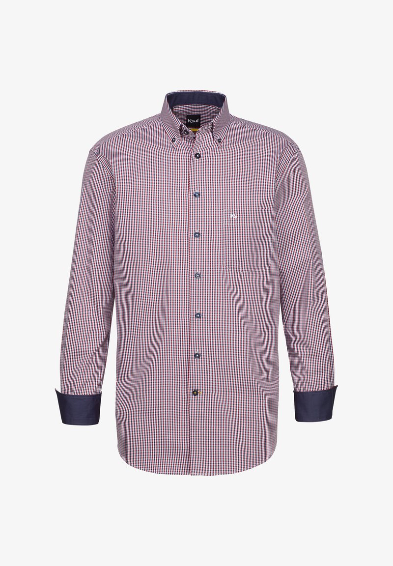 Camicia a maniche lunghe a quadri rossi e blu navy con colletto a bottoni, polsini blu navy a contrasto e un piccolo logo sul petto.