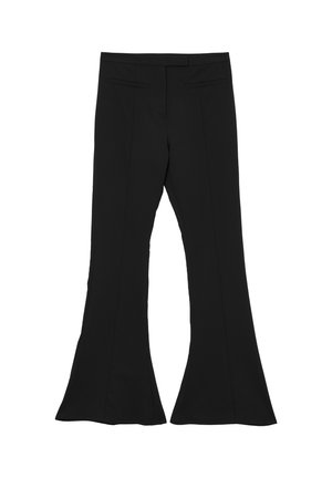 Schwarze Schlaghosen aus glattem Stoff, mit einem mittelhohen Bund und zwei frontalen Taschen mit dezenten Nahtdetails.