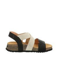 Leder- und Stoffsandalen mit schwarz-weißen überkreuzten Riemen, Korksohle und strukturiertem schwarzen Gummiaußensohle.
