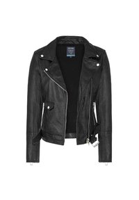 Czarna skórzana kurtka motocyklowa z asymetrycznym zamkiem, srebrnymi elementami, dwoma kieszeniami na zamek i paskiem w talii. Posiada kołnierz oraz dopasowany krój.