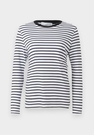 Long-sleeve shirt with black and white horizontal stripes, rounded neckline, made of soft fabric, featuring a clean design without patterns.