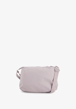 Licht mauve crossbodytas met verstelbare stoffen riem en subtiel ingebosseleerd "VENEZIA" logo aan de voorkant.