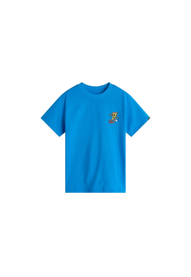 Blue cotton t-shirt featuring short sleeves and a round neckline, with a small, colorful graphic of a character on the front.