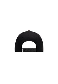 Black baseball cap with a flat brim, adjustable snapback closure, fabric texture, and a brown button on top. Plain design, no patterns.