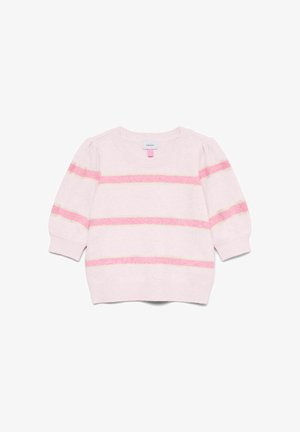 Jersey rosa claro para niños pequeños con tres rayas horizontales de color rosa oscuro y puños, dobladillo y escote acanalados.
