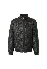 Chaqueta bomber negra acolchada con un suave collar de cuero y acentos en los hombros, que cuenta con un cierre frontal y puños y dobladillo acanalados.