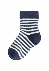 Sötétkék és fehér csíkos zokni ribbelt széllel és megerősített orral. Puha textil anyag, közép lábszárig érő hosszúság, és sima felület.