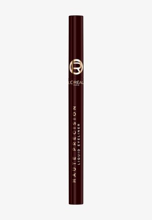 Dunkelbrauner flüssiger Eyeliner-Stift mit goldfarbenem L'Oréal Paris-Logo und dem Text "Haute Precision" auf weißem Hintergrund.