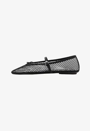 Black mesh ballet flat with pointed toe, decorative strap, and subtle accent. Features an open-net design and flat sole.