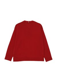 Felpa rossa con cappuccio, maniche lunghe, polsini a costine e scollo posteriore a forma di V. Realizzata in tessuto morbido con una texture liscia.