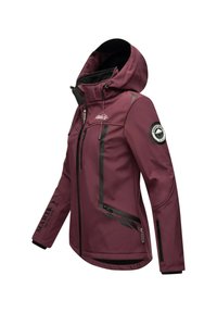 Women’s maroon softshell jacket with hood, black zippers, logo on chest and sleeve, drawstrings, and sleeve pocket, designed for outdoor use.