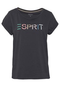 Camiseta negra de manga corta con escote redondo, que presenta un gráfico en texto multicolor de "ESPRIT" en la parte frontal. Material de algodón suave.