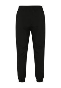 Zwarte tapered broeken met een elastische tailleband, omgeslagen enkels en een gladde textuur. Voorzien van een klein rood logo-detail aan de zijkant.