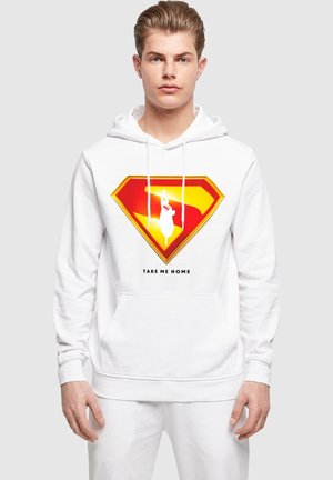 White hoodie with a large superhero logo in red and yellow. Features a front pocket and drawstring hood. Text below logo reads "TAKE ME HOME."