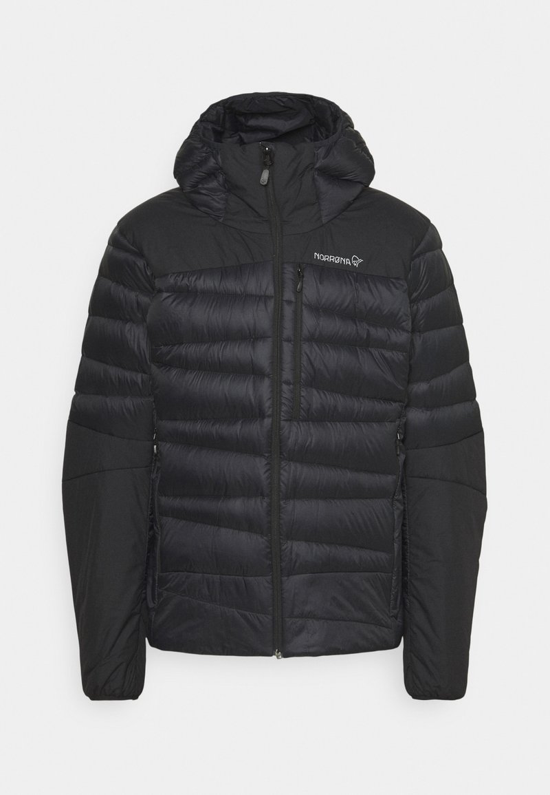 Black insulated jacket with a zip front, hood, quilted texture, and a logo on the chest. Features zippered side pockets and elastic cuffs.