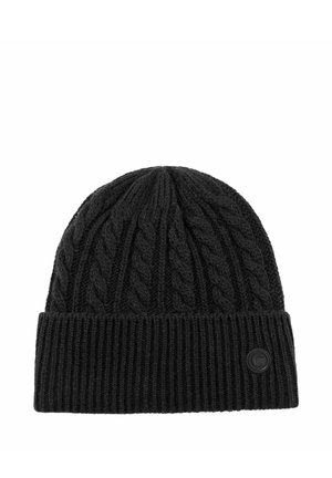 Black knitted beanie hat with a folded ribbed cuff and cable knit pattern, featuring a small circular logo on the cuff's lower right side.