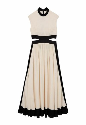 Hihaton beige maxi-mekko, jossa musta korkeakaulus, mustat vyötäröleikkaukset, mustat sivupaneelit ja mustat helmikoristeet.