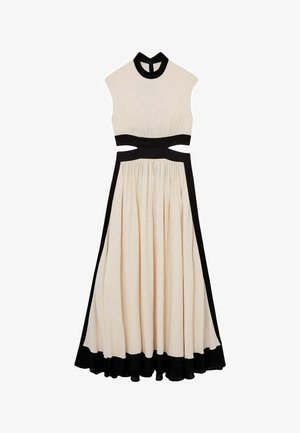 Beezh niitkleit musta kõrge kraega, mustade vöökohtade lõigetega, mustade külgpaneelide ja musta ääre detailidega.