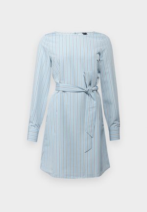 Light blue long-sleeve dress with vertical white stripes, belted at the waist, featuring a rounded neckline and side pockets.