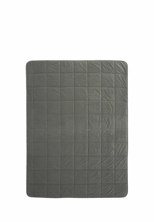Dark gray quilted bedspread with a square stitched pattern and rounded corners laid flat.