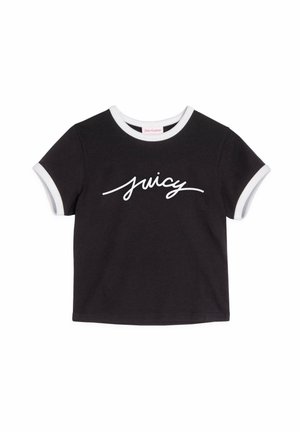 Črna majica s kratkimi rokavi in belim robom. Značilna bela pisava "juicy" na sprednji strani, izdelana iz lahkega bombažnega materiala.