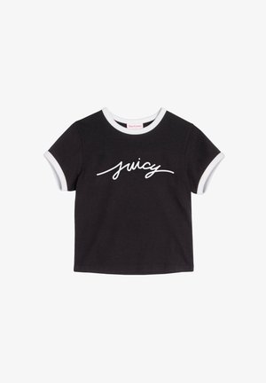Fekete, rövid ujjú póló fehér díszítéssel. Az elején egy fehér, írásos "juicy" logó látható, ami könnyű pamut anyagból készült.