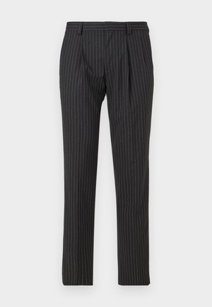 Black pinstriped trousers with a tailored fit, featuring front pleats, belt loops, and a smooth texture. Straight leg design.