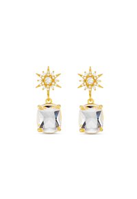 Gold-tone earrings featuring star-shaped accents and clear, rectangular faceted stones suspended below. Intricate detailing adds texture.