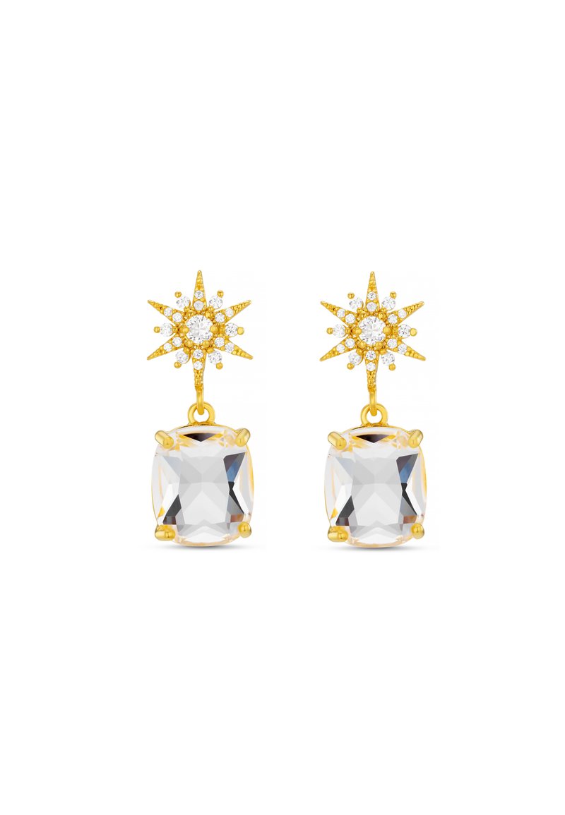 Gold-tone earrings featuring star-shaped accents and clear, rectangular faceted stones suspended below. Intricate detailing adds texture.