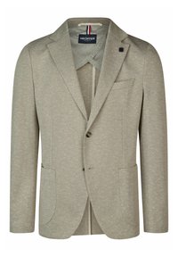 Hellgrau Blazer aus strukturiertem Stoff. Mit Reverskragen, zwei vorderen Taschen, einem einreihigen Knopfverschluss und einer teilweisen Fütterung.