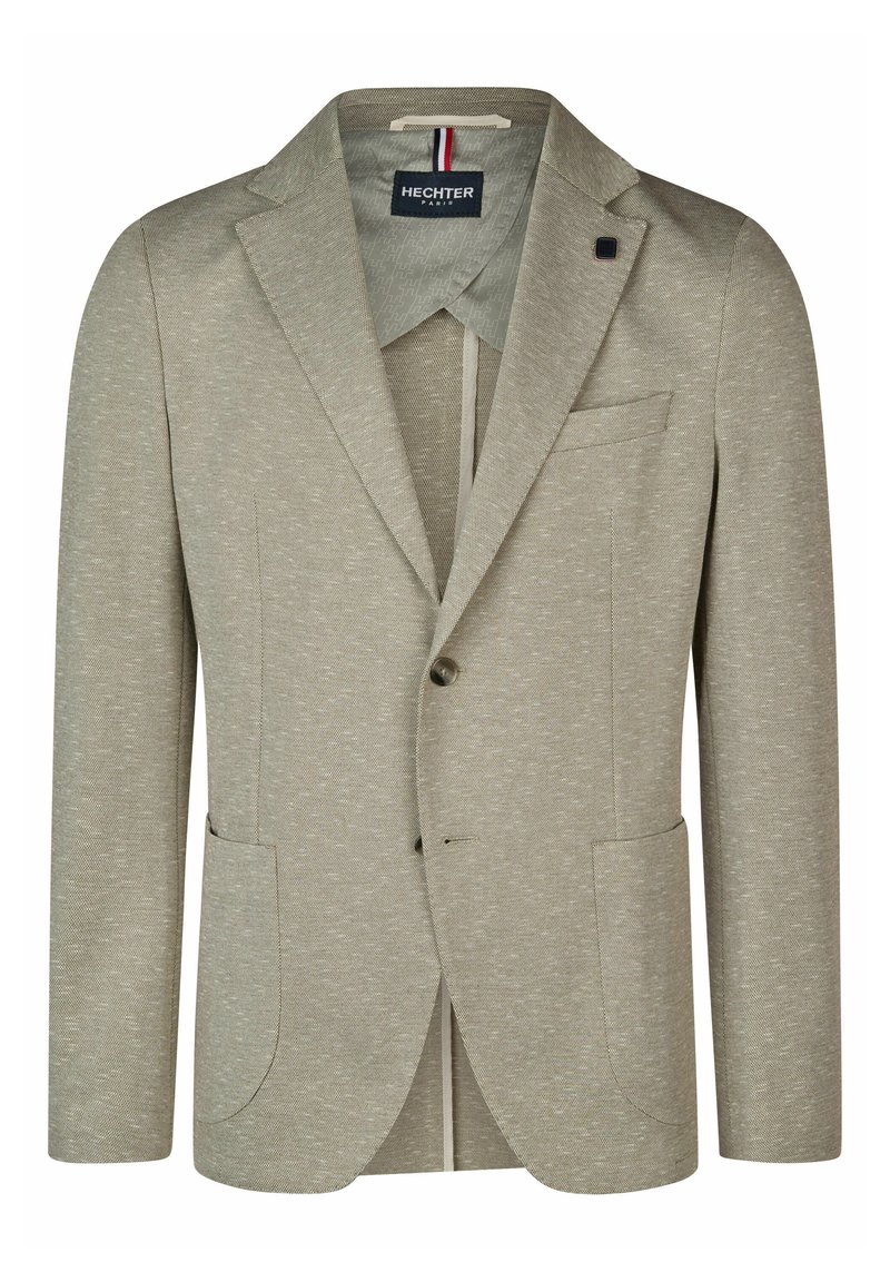 Hellgrau Blazer aus strukturiertem Stoff. Mit Reverskragen, zwei vorderen Taschen, einem einreihigen Knopfverschluss und einer teilweisen Fütterung.