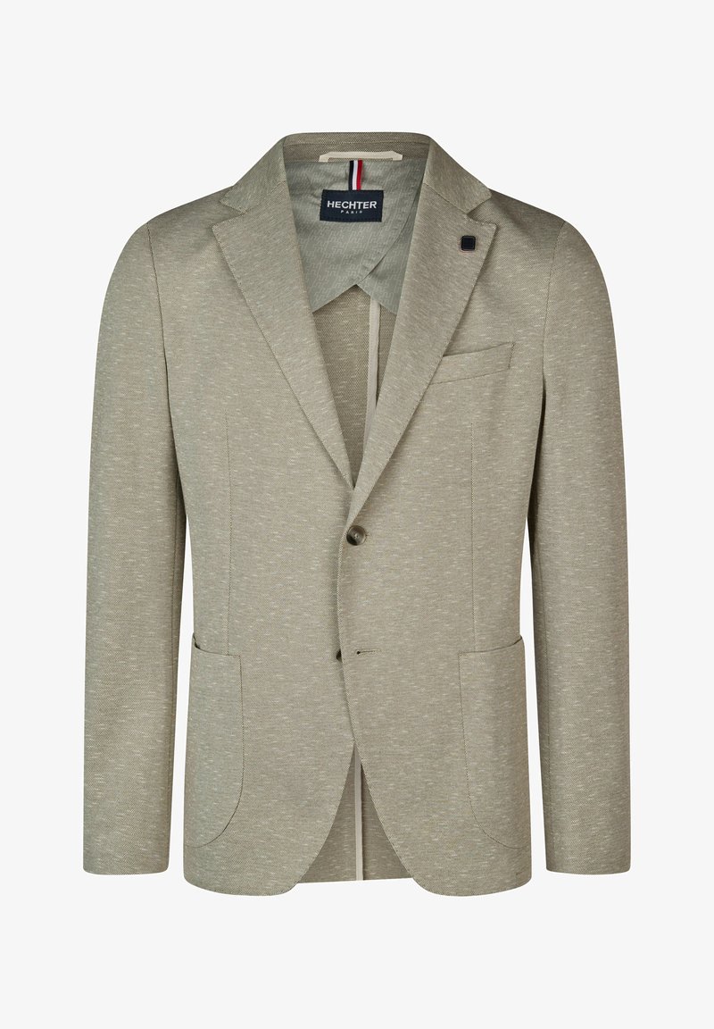 Hellgrau Blazer aus strukturiertem Stoff. Mit Reverskragen, zwei vorderen Taschen, einem einreihigen Knopfverschluss und einer teilweisen Fütterung.