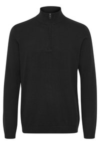 Black knit sweater with a high collar and quarter-length zipper. Features long sleeves and ribbed cuffs and hem. Smooth texture.