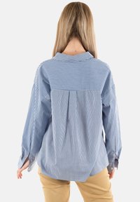 Camisa a rayas azul y blanca con cuello, mangas largas y detalle de pliegues en la parte posterior. El material es una tela ligera.
