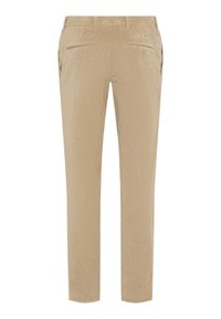 Pantaloni in velluto a coste beige con taglio dritto, dotati di tasche posteriori e superficie testurizzata. Design semplice, adatti per un abbigliamento casual.