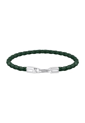 Braided dark green leather bracelet with polished silver clasp engraved with "THOMAS SABO" on white background.