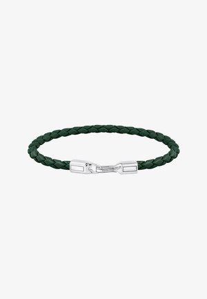 Geflochtenes dunkelgrünes Lederarmband mit poliertem Silberverschluss, graviert mit "THOMAS SABO" auf weißem Hintergrund.