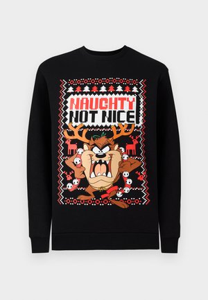 Mustmustelastega must kampsun, millel on koomiksite Tasmanian Devil, kandes põhjapõtrade sarvi ja kellukesi, tekst "HALBAKAS JÕULUMÕNTA" pikselkunsti stiilis.