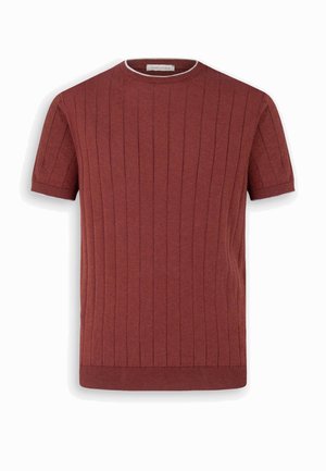 Maglione a maniche corte color ruggine in maglia con coste verticali e scollo tondo, progettato per l'abbigliamento casual maschile.